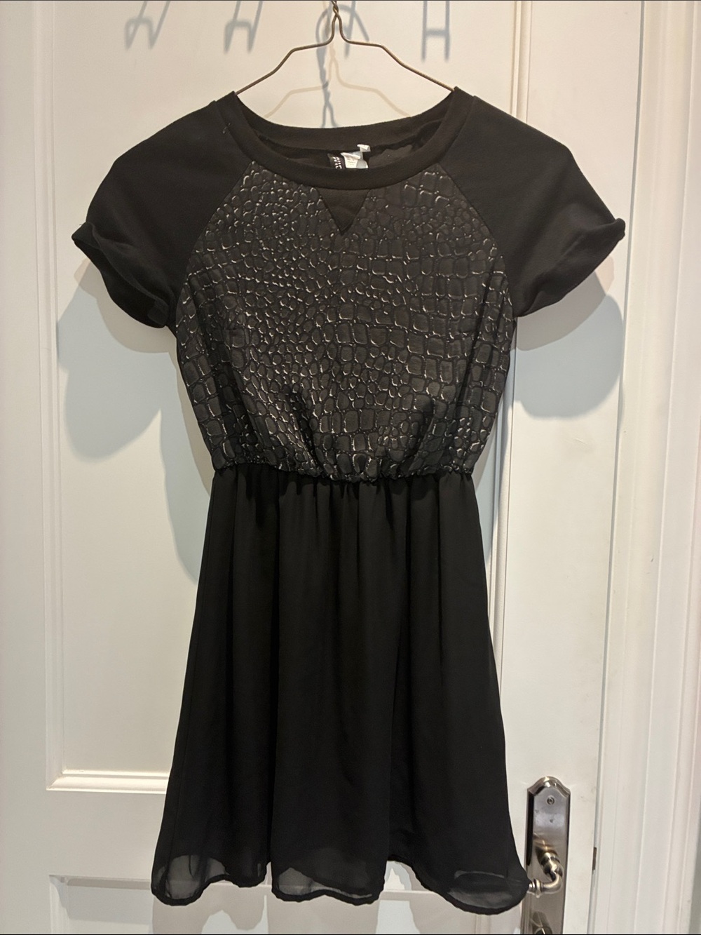 Divided Black Short-Sleeve Textured Bodice Mini Dress